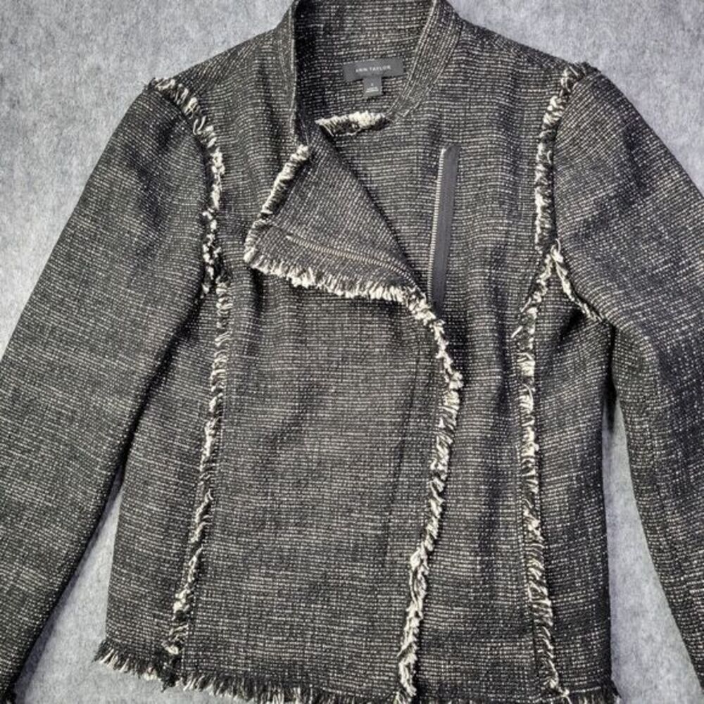 Ann Taylor Women Jacket Blazer Small Tweed‎ Black Cream Fringe Asymmetrical Zip